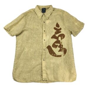 Division‎ E Mens 2XL Linen Graphic Button Up Shirt Buddha Tan Short Sleeve